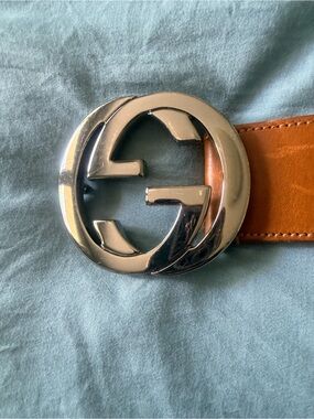 Gucci Tan Leather Belt with Silver Double G Buckle